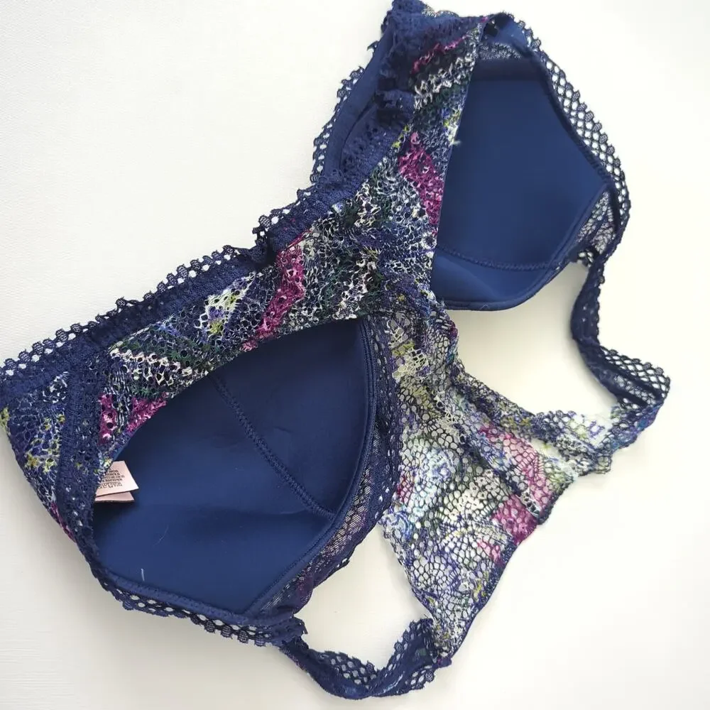 Victoria's Secret Women's Bralette Lace Bra Large Blue Purple Racerback Romantic